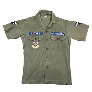 Vintage U.S. Air Force OG 107 Shirt 15.5x35 Green Sateen Military Small/Medium